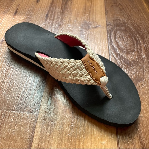 Women's LL Bean Maine Isle Flip Flop Sandals, Woven Cream Braided Strap - Picture 4 of 16